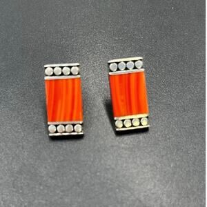 B Designer Vintage Art Deco Sterling Silver and Red‎ Coral Rectangular Earrings